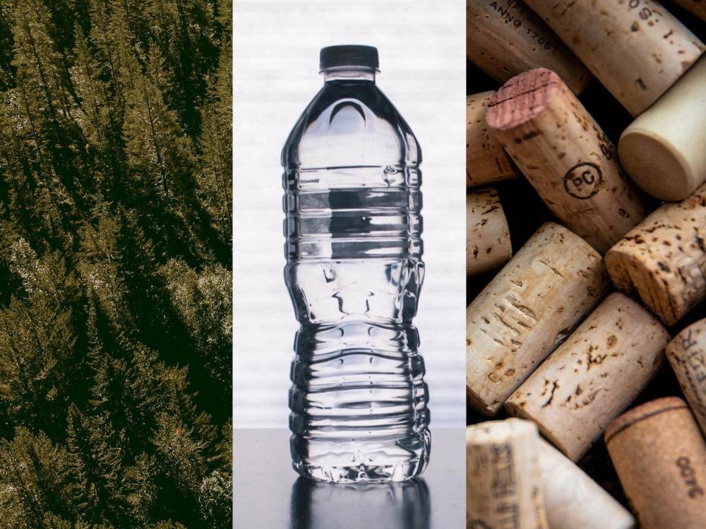erdő, műanyag palack és parafadugók – montázs